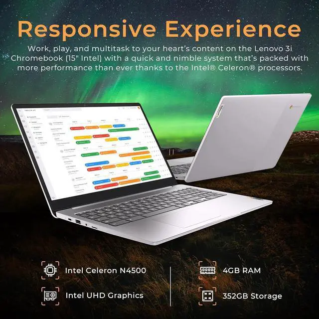 Alt view image 3 of 7 - Lenovo IdeaPad 3 15.6" FHD Anti-Glare Laptop, Intel Celeron N4500, 4GB LPDDR4 RAM, 352GB Storage (64GB SSD + 288GB Docking Station Set), HD Camera, HD Audio, Wi-Fi 6, Bluetooth, Chrome OS, Grey