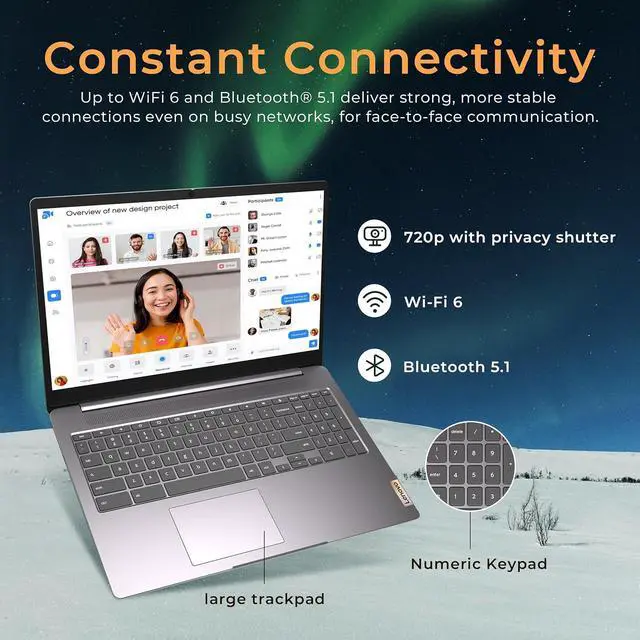 Alt view image 4 of 7 - Lenovo Ideapad 3 15.6" FHD Chromebook, Intel Celeron N4500, 4GB RAM, 224GB Storage (64GB SSD+160GB Docking Station Set), Intel UHD Graphics, Full Size Keyboard, Chrome OS, Artic Gray