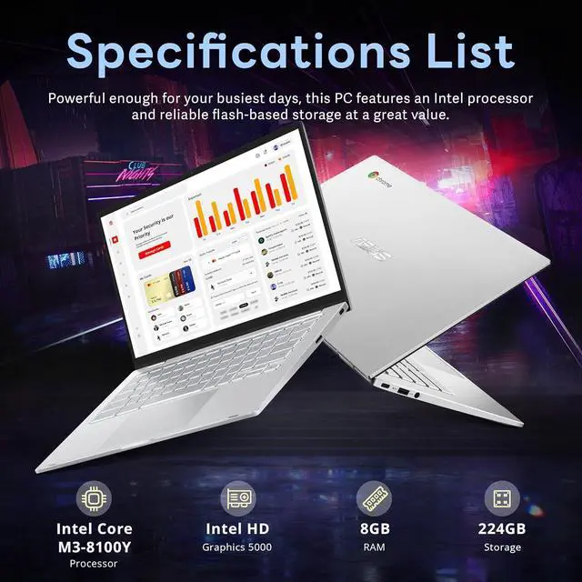 Alt view image 3 of 7 - ASUS 14" FHD Chromebook Laptop, Intel M3-8100Y Processor, 8GB RAM, 224GB Storage (64GB SSD+ 160GB Docking Station Set), Intel HD Graphics, Backlit Keyboard, HD Webcam, Chrome OS, Silver