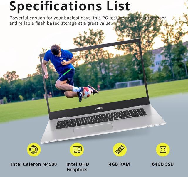 Alt view image 2 of 7 - ASUS Chromebook CX1700CK 17.3" FHD Laptop, Intel Celeron N4500, 4GB LPDDR4X RAM, 64GB eMMC Storage, Intel UHD Graphics, 720p Webcam, Wi-Fi 6, Bluetooth, Silver, Chrome OS, 128GB Hotface USB Card