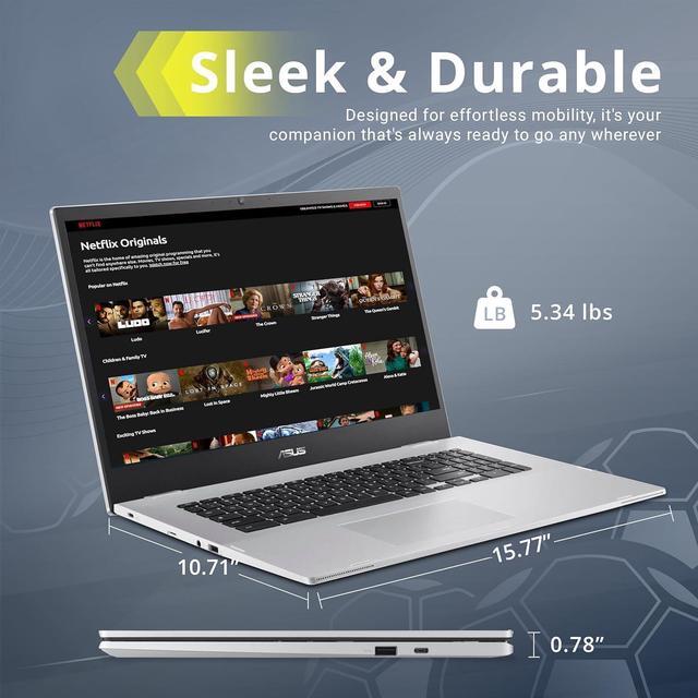 Alt view image 6 of 7 - ASUS Chromebook CX1700CK 17.3" FHD Laptop, Intel Celeron N4500, 4GB LPDDR4X RAM, 64GB eMMC Storage, Intel UHD Graphics, 720p Webcam, Wi-Fi 6, Bluetooth, Silver, Chrome OS, 128GB Hotface USB Card
