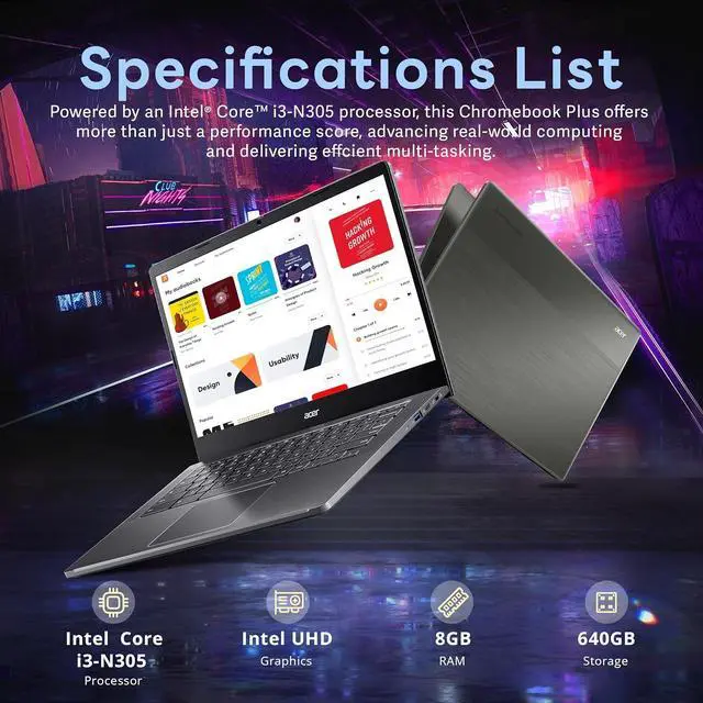 Alt view image 2 of 7 - Acer Chromebook Plus 14" FHD Touchscreen Laptop, Intel i3-N305 Processor, 8GB RAM, 640GB Storage (512GB SSD+128GB USB Card), Intel UHD Graphics, 1080P Webcam, Chrome OS, Gray
