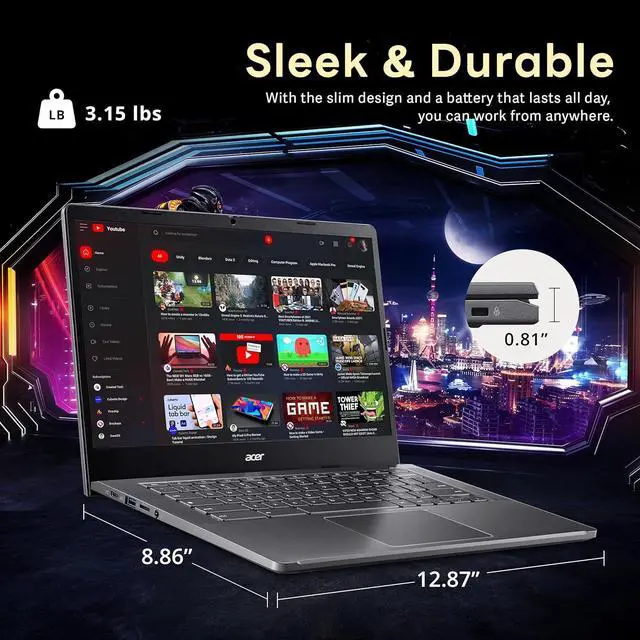 Alt view image 6 of 7 - Acer Chromebook Plus 14" FHD Touchscreen Laptop, Intel i3-N305 Processor, 8GB RAM, 640GB Storage (512GB SSD+128GB USB Card), Intel UHD Graphics, 1080P Webcam, Chrome OS, Gray