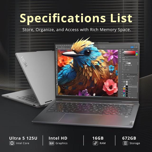Alt view image 3 of 7 - Lenovo Yoga 7i 14" 2K Touchscreen 2-in-1 Laptop, Intel Ultra 5 125U, 16GB RAM, 672GB Storage(512GB SSD+160GB Docking Station Set), Backlit KB, Privacy Camera, Wi-Fi 6E, Fingerprint, Win 11 Home, Gray
