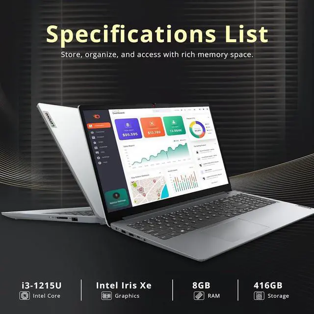 Alt view image 3 of 7 - Lenovo Ideapad 1i 15.6" FHD Touchscreen Laptop, Intel i3-1215U, 8GB RAM, 416GB Storage(256GB SSD+160GB Docking Station Set), Intel UHD Graphics, Numeric Keypad, Win11 Pro, Gray