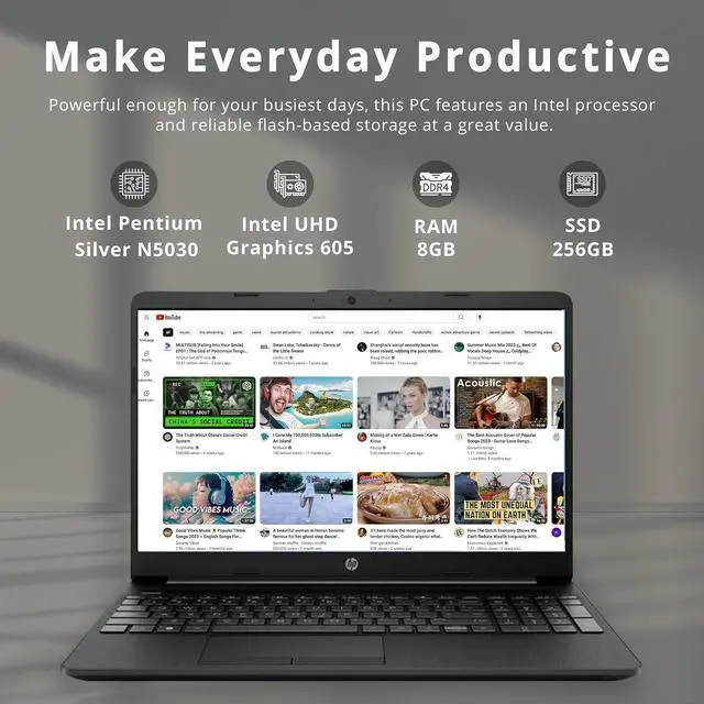 Alt view image 2 of 7 - HP 15.6 HD Student Laptop, Intel Pentium Silver N5030, 8GB RAM, 256GB SSD, Intel UHD Graphics, HD Webcam, Numpad, Wi-Fi 5, Bluetooth, 1 Year Office 365, Win 11, Black, 32GB USB Card