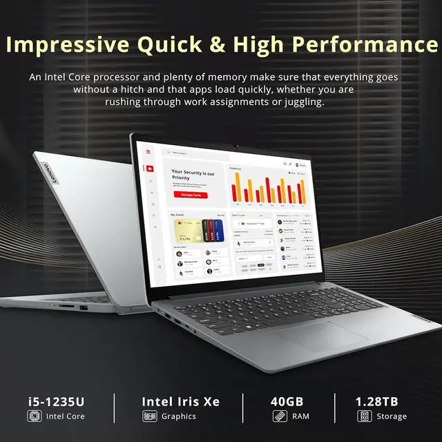 Alt view image 3 of 7 - Lenovo IdeaPad 1i 15.6" FHD Business Laptop, Intel i5-1235U, 40GB RAM, 1.28TB Storage (1TB SSD+288GB Docking Station Set), Intel Iris Xe Graphics, Number Pad, HD Camera, WiFi 6, Win 11 Home, Gray