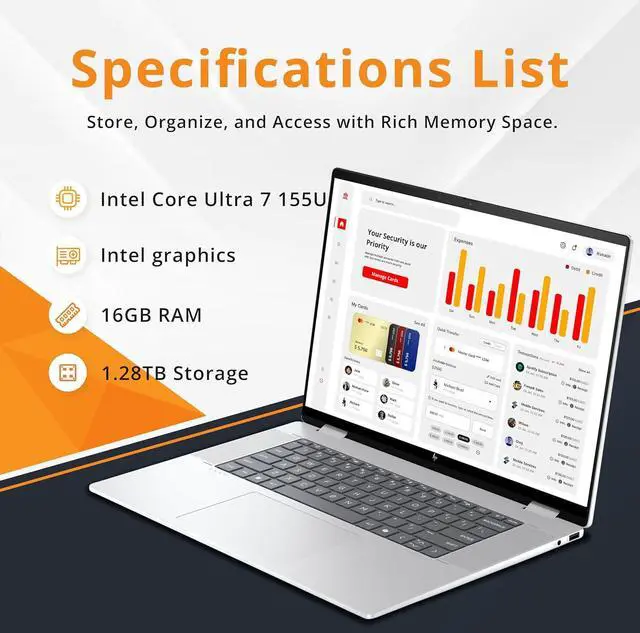 Alt view image 3 of 7 - HP Envy x360 2-in-1 16" WUXGA Touchscreen Laptop, Intel Ultra 7 155U, 16GB LPDDR5, 1.28TB Storage(1TB SSD+288GB Docking Station Set), Backlit Keyboard, Privacy Camera, Wi-Fi 6E, Win 11 Home, Silver