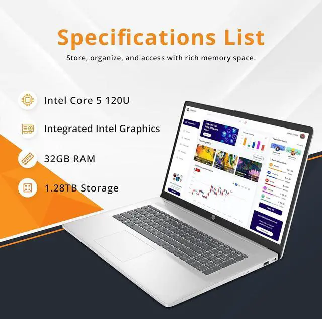 Alt view image 3 of 7 - HP 17.3" FHD IPS Anti-Glare Laptop, Intel 5-120U, 32GB RAM, 1.28TB Storage (1TB SSD+288GB Docking Station Set), Intel Graphics, Full-size Backlit Keyboard, Wi-Fi 6, HD Camera, Win 11 Pro, Silver