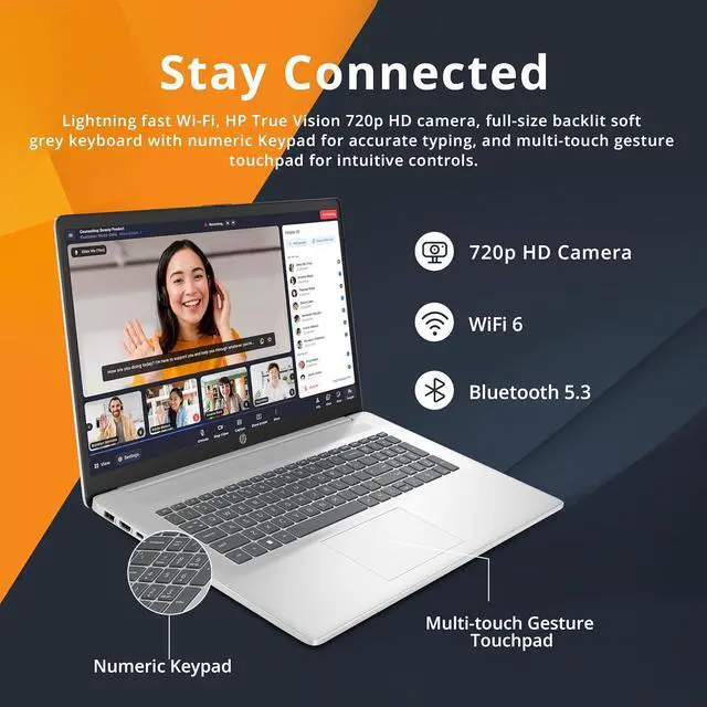 Alt view image 4 of 7 - HP 17.3" FHD IPS Anti-Glare Laptop, Intel 5-120U, 32GB RAM, 1.28TB Storage (1TB SSD+288GB Docking Station Set), Intel Graphics, Full-size Backlit Keyboard, Wi-Fi 6, HD Camera, Win 11 Pro, Silver