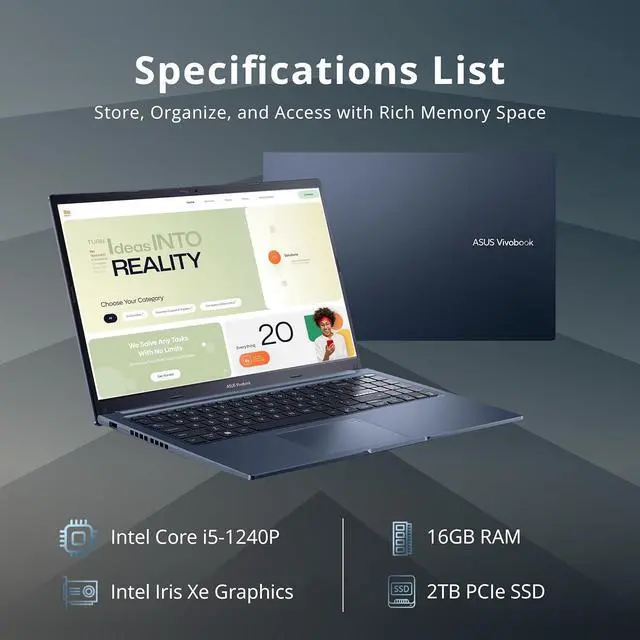 Alt view image 2 of 7 - ASUS VivoBook 15 Laptop, 15.6" FHD Display, Intel i5-1240P, 16GB RAM, 2TB SSD, Intel Iris Xe Graphics, Backlit Keyboard, Fingerprint Reader, HDMI, Win 11 Pro, Blue, 32GB Hotface USB Card