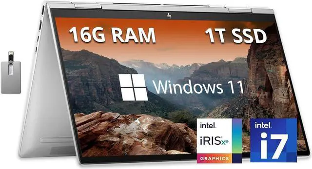 Main image of HP Envy x360 2-in-1 15.6'' FHD Touchscreen Laptop, Intel i7-1355U, 16GB LPDDR5 RAM, 1TB PCIe SSD, Intel Iris Xe Graphics, Backlit KB, 5MP IR Camera, Win 11, Silver, 32GB Hotface USB Card