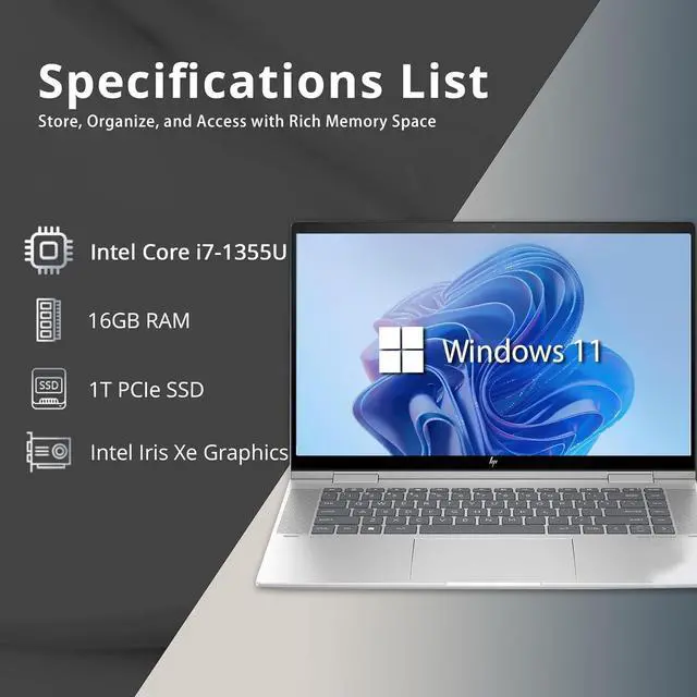 Alt view image 3 of 7 - HP Envy x360 2-in-1 15.6'' FHD Touchscreen Laptop, Intel i7-1355U, 16GB LPDDR5 RAM, 1TB PCIe SSD, Intel Iris Xe Graphics, Backlit KB, 5MP IR Camera, Win 11, Silver, 32GB Hotface USB Card