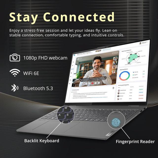 Alt view image 3 of 7 - Lenovo Yoga 7i 2-in-1 16" 2K Touchscreen Laptop, Intel Ultra 7 155U, 16GB LPDDR5X, 1.28TB Storage(1TB SSD +288GB Docking Station Set), Backlit Keyboard, Fingerprint Reader, WiFi 6E, Win 11 Pro, Grey
