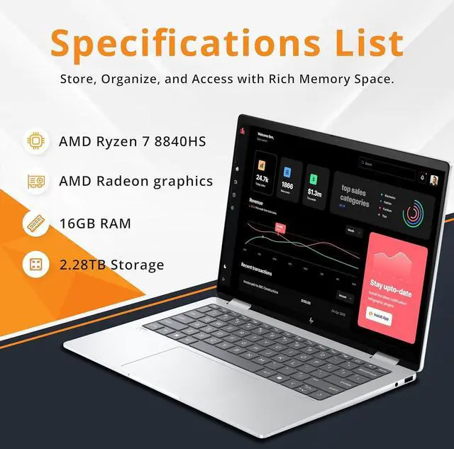Alt view image 3 of 7 - HP Envy x360 2-in-1 14" WUXGA Touchscreen Laptop, AMD Ryzen 7 8840HS, 16GB LPDDR5, 2.28TB Storage(2TB SSD+288GB Docking Station Set), Backlit Keyboard, Privacy Camera, Wi-Fi 6E, Win 11 Home, Silver