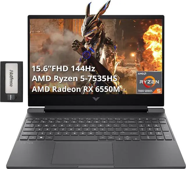 Main image of HP Victus 15.6" FHD 144Hz Gaming Laptop, AMD Ryzen 5-7535HS, 64GB DDR5 RAM, 2TB PCIe SSD, AMD Radeon RX 6550M, Backlit Keyboard, Windows 11 Pro, Mica Silver, 256GB Docking Station Set