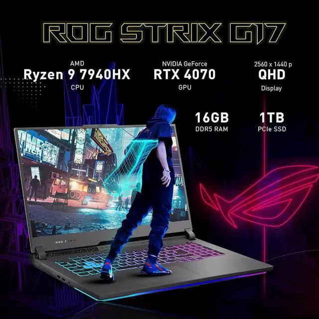 Alt view image 3 of 7 - ASUS ROG Strix G17 Gaming Laptop, 17.3" QHD 240Hz Display, AMD Ryzen 9 7940HX, GeForce RTX 4070, 16GB DDR5, 1TB SSD, RGB Backlit Keyboard, Wi-Fi 6E, Win 11 Pro, Gray, 256GB Docking Station Set