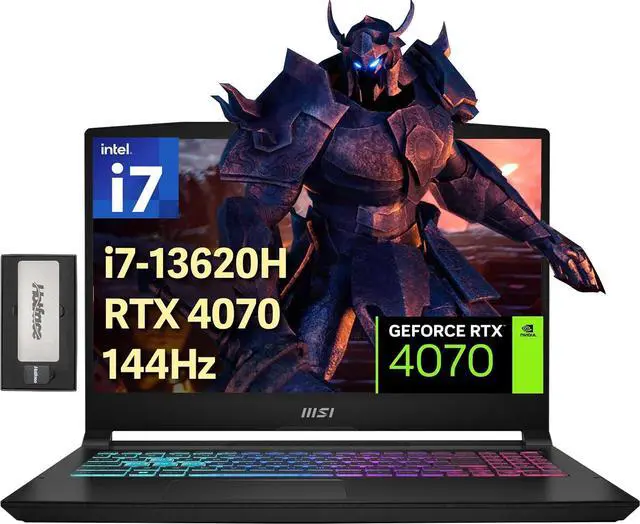 Main image of MSI Katana 15.6" 144Hz FHD Gaming Laptop, Intel i7-13620H, 64GB DDR5, 2TB PCIe SSD, 4 Zone RGB Keyboard, Number Pad, NVIDIA GeForce RTX 4070, Windows 11 Home, Black, 256GB Docking Station Set