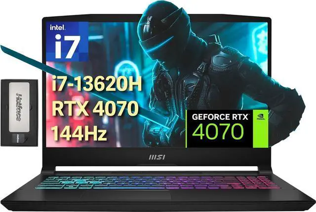 Main image of MSI Katana 15.6" 144Hz FHD Gaming Laptop, Intel i7-13620H, 32GB DDR5, 2TB PCIe SSD, 4 Zone RGB Keyboard, Number Pad, NVIDIA GeForce RTX 4070, Windows 11 Pro, Black, 256GB Docking Station Set