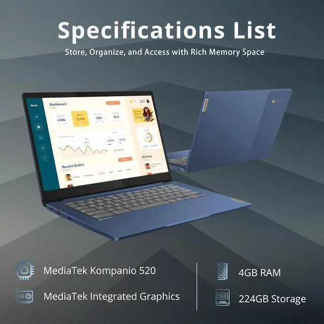 Alt view image 3 of 7 - Lenovo IdeaPad Slim 3 Chromebook, 14 FHD IPS Anti-GlareTouchscreen, MediaTek Kompanio 520, 4GB LPDDR4X, 224GB Storage(64GB eMMC+160GB Docking Station Set), Webcam, WiFi 6, Chrome OS, Blue