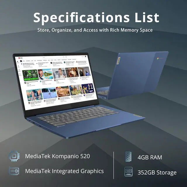 Alt view image 3 of 7 - Lenovo IdeaPad Slim 3 Chromebook 14" FHD Touchscreen Laptop, MediaTek Kompanio 520, 4GB LPDDR4X, 352GB Storage (64GB eMMC + 288GB Docking Station Set), Webcam, WiFi 6, Chrome OS, Abyss Blue