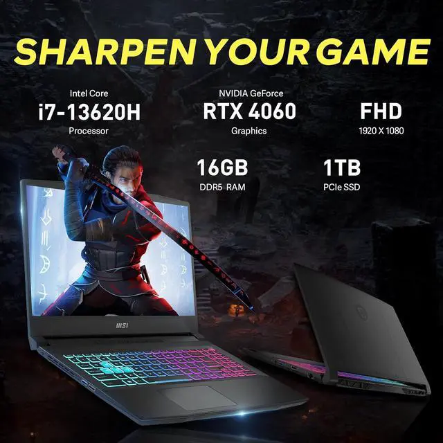 Alt view image 3 of 7 - MSI Katana 15.6" FHD 144Hz Gaming Laptop, Intel i7-13620H, NVIDIA GeForce RTX 4060 8GB, 16GB DDR5, 1TB PCIe SSD, 4-Zone RGB Keyboard, Webcam, Wi-Fi 6, Win 11 Pro, Black, 256GB Docking Station Set