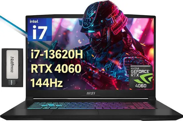 Main image of MSI Katana 17 17.3" 144Hz FHD Gaming Laptop, Intel I7-13620H, 64GB DDR5, 2TB SSD, GeForce RTX 4060, Backlit Keyboard, Cooler Boost 5, Webcam, Wi-Fi 6, Win 11 Home, Black, 256GB Docking Station Set