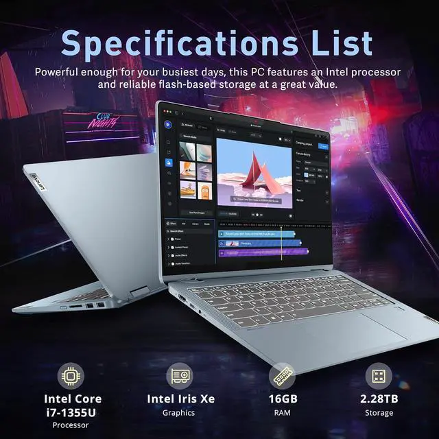 Alt view image 3 of 7 - Lenovo Flex 7i 14" 2-in-1 Touchscreen Laptop, Intel i7-1355U, 16GB LPDDR4X, 2.28TB Storage (2TB SSD+288GB Docking Station Set), Backlit Keyboard, Fingerprint Reader, Wi-Fi 6E, Win 11 Pro, Stone Blue