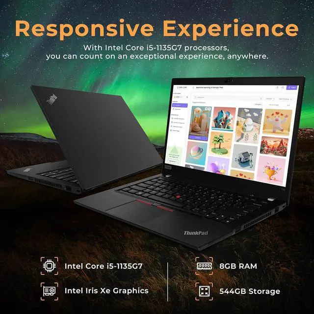 Alt view image 3 of 6 - Lenovo ThinkPad T14 Gen 2 14" FHD Business Laptop, Intel i5-1135G7, 8GB RAM, 544GB Storage (256GB SSD+288GB Docking Station), Intel Iris Xe Graphics, Webcam, Wi-Fi 6E, Bluetooth, Black, Win 11 Pro