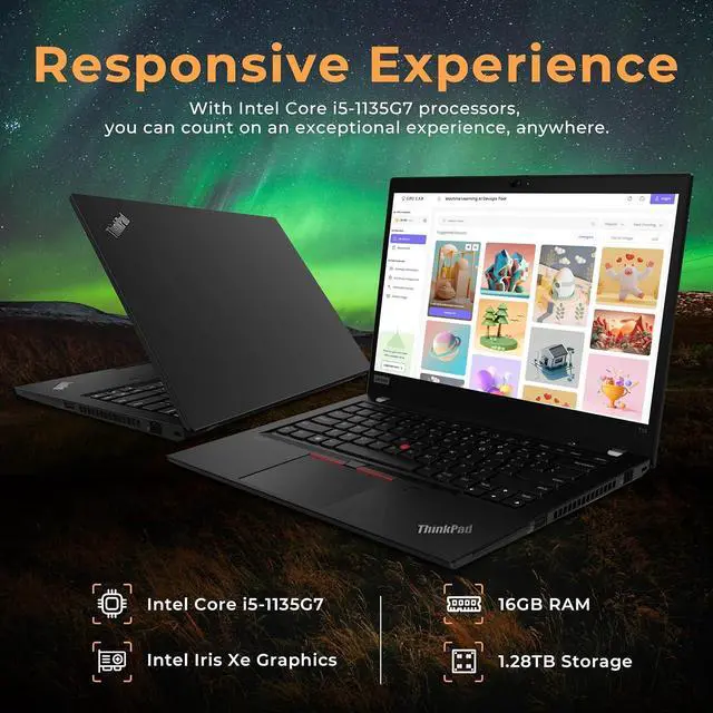 Alt view image 3 of 6 - Lenovo ThinkPad T14 Gen 2 14" FHD Business Laptop, Intel i5-1135G7, 16GB RAM, 1.28TB Storage (1TB SSD+288GB Docking Station), Intel Iris Xe Graphics, Webcam, Wi-Fi 6E, Bluetooth, Black, Win 11 Pro