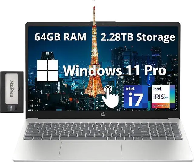 Main image of HP 15.6'' FHD IPS Touchscreen Laptop, Intel i7-1255U, 64GB DDR4 RAM, 2.28TB Storage(2TB SSD+288GB Docking Station Set), Intel Iris Xe Graphics, Wi-Fi 6E, Number Pad, Windows 11 Pro, Silver