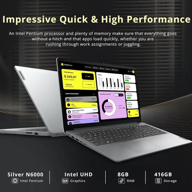 Alt view image 3 of 7 - Lenovo IdeaPad 1 15.6" HD Laptop, Intel Pentium Silver N6000, 8GB RAM, 416GB Storage (256GB SSD+160GB Docking Station Set), Intel UHD Graphics, Num Pad, Webcam, 1 Year Office 365, Win 11 S, Gray