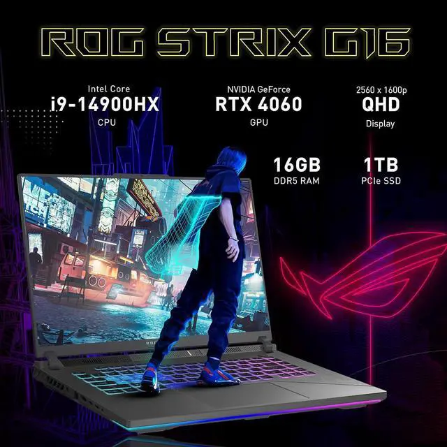 Alt view image 3 of 7 - ASUS ROG Strix G16 16" QHD 240Hz Gaming Laptop, Intel i9-14900HX, NVIDIA GeForce RTX 4060, 16GB DDR5, 1TB PCIe SSD, Backlit Keyboard, 720P Webcam, Win 11 Pro, Eclipse Gray, 256GB Docking Station Set