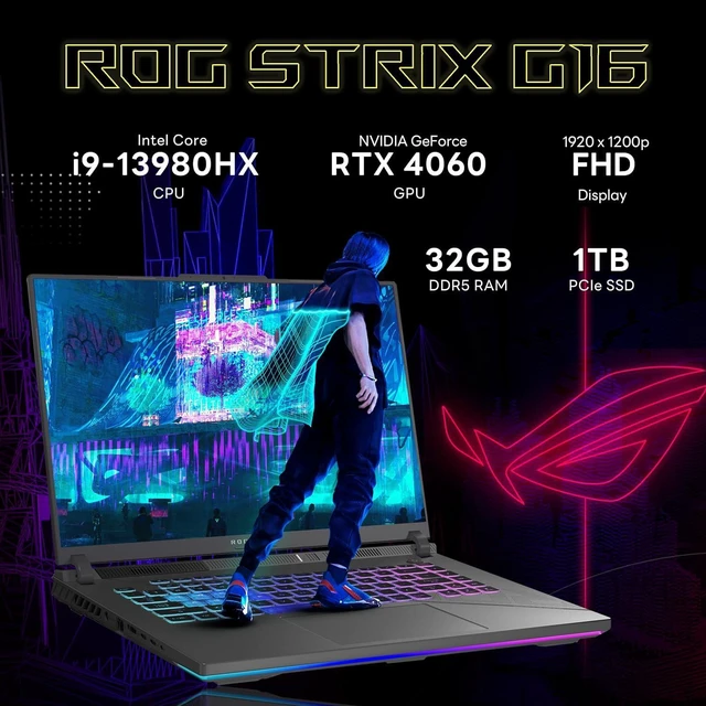 Alt view image 3 of 7 - ASUS ROG Strix G16 16" 165Hz FHD Gaming Laptop, Intel i9-13980HX, GeForce RTX 4060 8GB, 32GB DDR5, 1TB SSD, RGB Backlit Keyboard, Webcam, Wi-Fi 6E, Win 11, Eclipse Gray, 256GB Docking Station Set