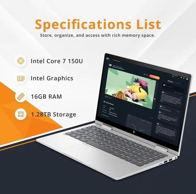 Alt view image 3 of 7 - HP Envy x360 2-in-1 14" FHD Touchscreen Laptop, Intel 7 150U, 16GB RAM, 1.28TB Storage(1TB SSD+288GB Docking Station Set), Backlit Keyboard,  Fingerprint Reader, Wi-Fi 6E, Win 11 Pro, Silver