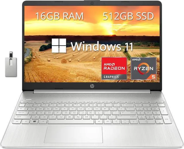 Main image of HP 15.6" FHD Laptop, AMD Ryzen 5-5500U Processor, 16GB RAM, 512GB PCIe SSD, AMD Radeon Graphics, HD Webcam, Wi-fi, Bluetooth, Win 11, Silver, 32GB Hotface USB Card