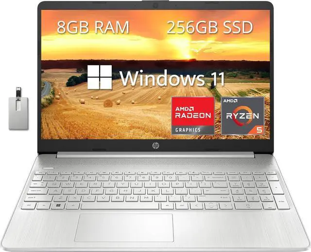 Main image of HP 15.6" FHD Laptop, AMD Ryzen 5-5500U Processor(Beats Intel i7-1065G7), 8GB RAM, 256GB PCIe SSD, AMD Radeon Graphics, HD Webcam, Bluetooth, Wi-fi, Win 11, Silver, 32GB Snowbell USB Card