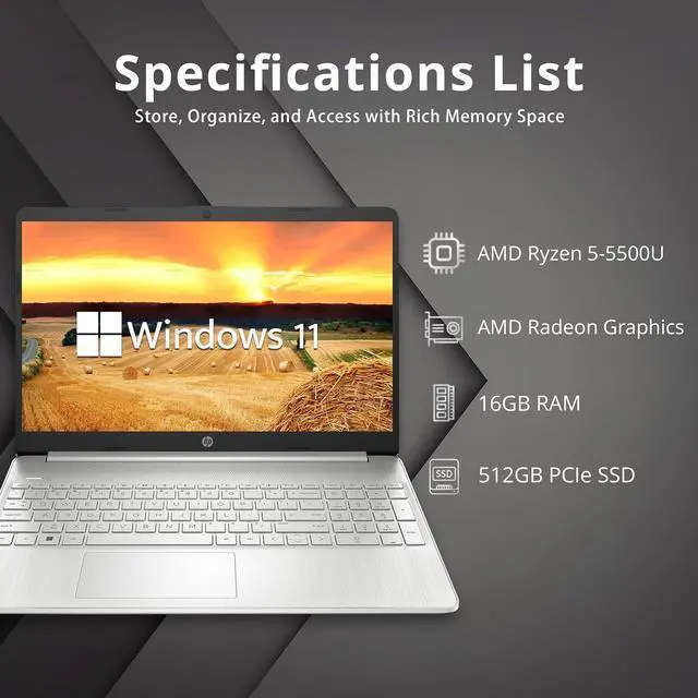 Alt view image 2 of 7 - HP 15.6" FHD Laptop, AMD Ryzen 5-5500U Processor, 16GB RAM, 512GB PCIe SSD, AMD Radeon Graphics, HD Webcam, Wi-fi, Bluetooth, Win 11, Silver, 32GB Hotface USB Card