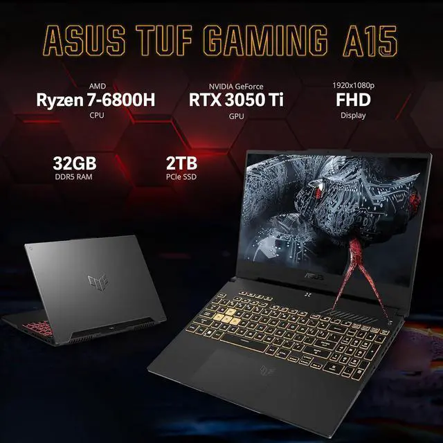 Alt view image 3 of 7 - ASUS TUF A15 Gaming Laptop, 15.6" FHD 144Hz Display, AMD Ryzen 7-6800H, 32GB DDR5 RAM, 2TB PCIe SSD, Backlit Keyboard, GeForce RTX 3050 Ti, HD Webcam, Win 11, Black, 128GB Hotface Extension Set