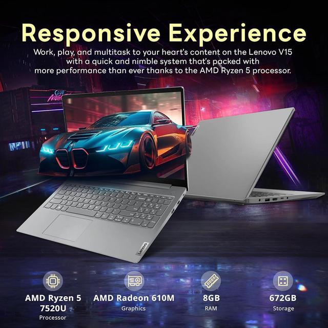 Alt view image 3 of 7 - Lenovo V15 Gen 4 15.6" FHD Laptop, AMD Ryzen 5 7520U, 8GB LPDDR5, 672GB Storage(512GB SSD+160GB Docking Station Set), AMD Radeon 610M Graphics, Numeric Keypad, 720p Webcam, Win 11 Pro, Arctic Grey