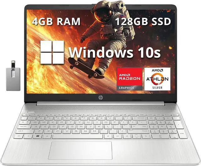 Main image of HP 15.6" FHD Laptop Computer, AMD Athlon Silver 3050U, 4GB DDR4 RAM, 128GB SSD, AMD Radeon Graphics, HD Webcam, HDMI, Office 365, Windows 10 S, Silver, 32GB Hotface USB Card