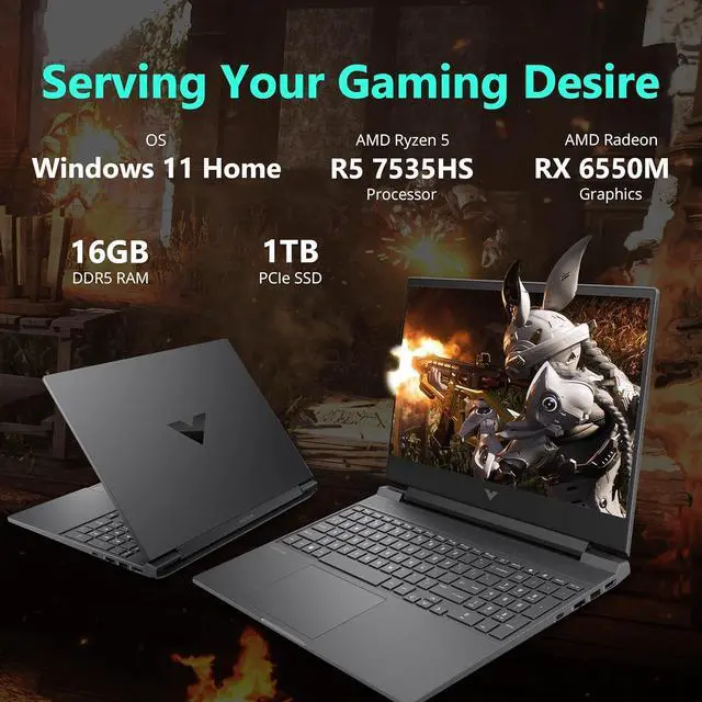Alt view image 3 of 7 - HP Victus 15.6" Gaming Laptop, FHD 144Hz IPS Display, AMD Ryzen 5-7535HS, 16GB DDR5 RAM, 1TB PCIe SSD, AMD Radeon RX 6550M, Backlit Keyboard, Win 11 Home, Silver, 256GB Docking Station Set