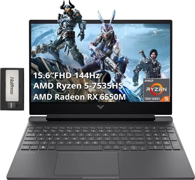 Main image of HP Victus 15.6" Gaming Laptop, FHD 144Hz IPS Display, AMD Ryzen 5-7535HS, 8GB DDR5 RAM, 512GB PCIe SSD, AMD Radeon RX 6550M, Backlit Keyboard, Win 11 Home, Silver, 256GB Docking Station Set