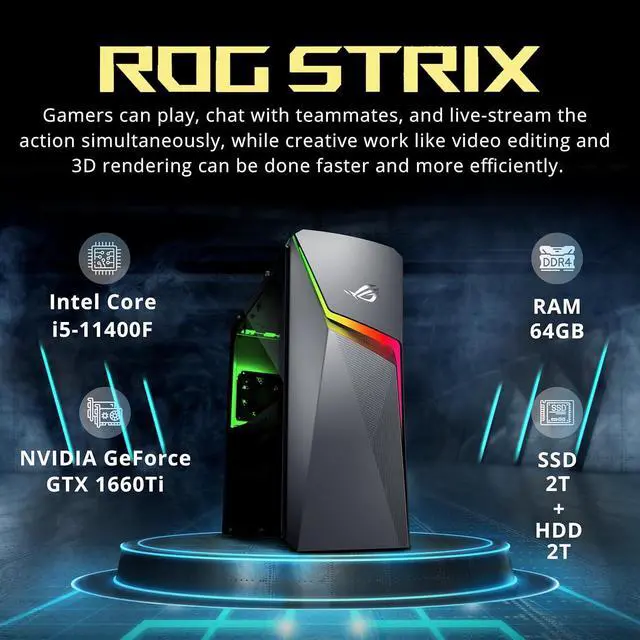 Alt view image 2 of 7 - ASUS ROG Gaming Desktop, Intel i5-11400F Processor, 64GB DDR4 RAM, 2TB PCIe SSD + 2TB HDD, NVIDIA GeForce GTX 1660TI 6GB DDR6, WiFi 6, Win 11, Grey, 32GB Hotface USB Card