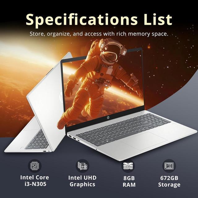Alt view image 3 of 7 - HP 15.6" FHD Anti-Glare Laptop, Intel i3-N305, 8GB RAM, 672GB Storage(512GB SSD+160GB Docking Station Set), Intel UHD Graphics, Fingerprint Reader, Num Pad, HD Camera, Wi-Fi 6, Win 11, Silver