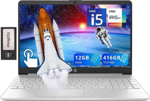 Main image of HP 15.6" HD Touchscreen Laptop, Intel i5-1155G7, 12GB RAM, 416GB Storage(256GB SSD + 160GB Docking Station Set), Intel Iris Xe Graphics, HD Webcam, Numeric Keypad, Wi-Fi, Bluetooth, Windows 11, Silver