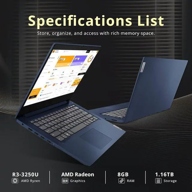 Alt view image 3 of 7 - Lenovo IdeaPad 3 14" Full HD Laptop, AMD Ryzen 3 3250U, 8GB DDR4 RAM, 1.16TB Storage(1TB HDD + 160GB Docking Station Set), AMD Radeon Graphics, Webcam, HDMI, Wi-Fi, Windows 10, Abyss Blue