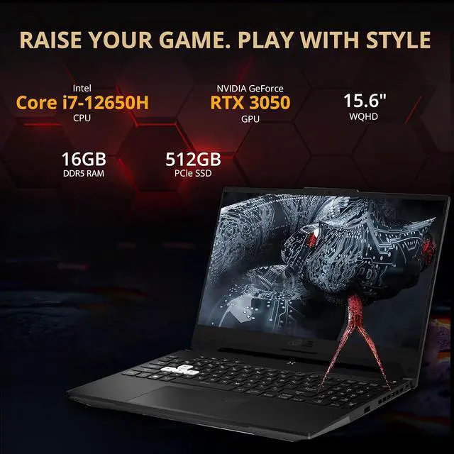 Alt view image 3 of 7 - ASUS TUF F15 15.6" WQHD 144Hz Gaming Laptop, Intel i7-12650H, NVIDIA GeForce RTX 3050 Graphics, 16GB DDR5, 512GB SSD, Backlit Keyboard, Wi-Fi 6, Win 11, Black, 256GB Docking Station Set