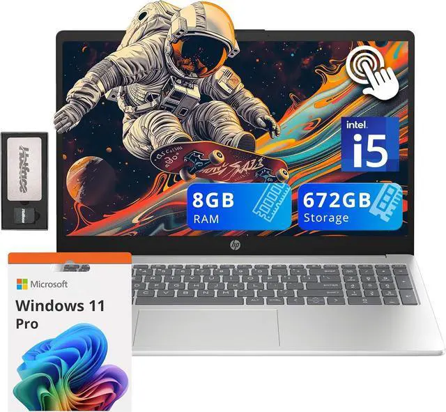 Main image of HP 15.6" HD Touchscreen Laptop, Intel i5-1235U, 8GB RAM, 672GB Storage(512GB SSD + 160GB Docking Station Set), Intel Iris Xe Graphics, Numeric Keypad, 720p Webcam, Wi-Fi 6E, Win 11 Pro, Silver