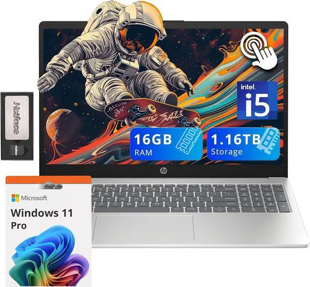 Main image of HP 15.6" HD Touchscreen Laptop, Intel i5-1235U, 16GB RAM, 1.16TB Storage(1TB SSD + 160GB Docking Station Set), Intel Iris Xe Graphics, Numeric Keypad, 720p Webcam, Wi-Fi 6E, Win 11 Pro, Silver